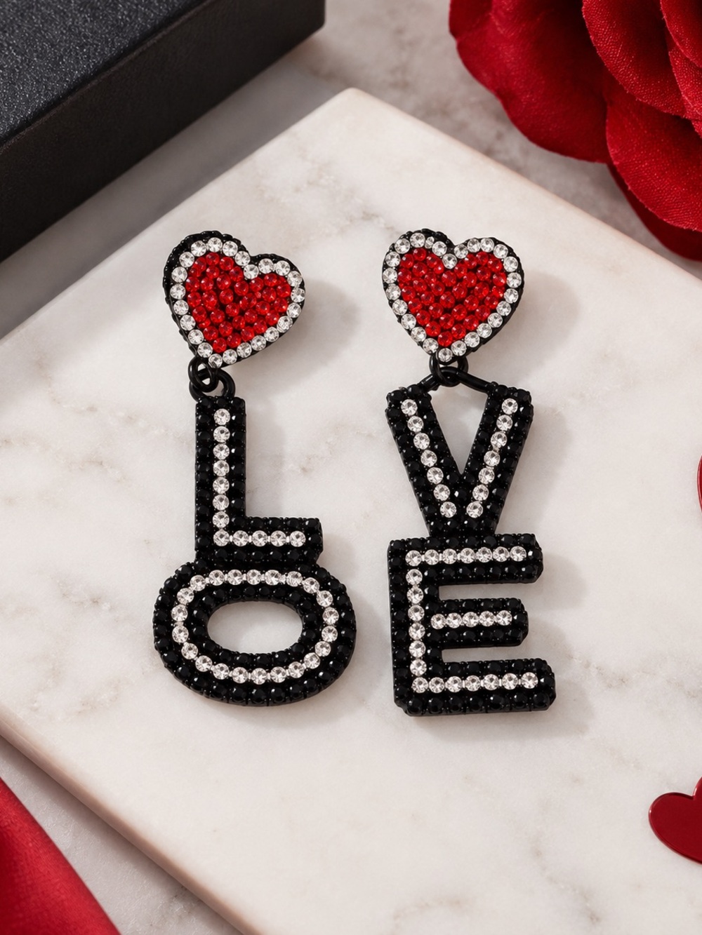 LOVE Heart Drop Earrings - Red & Black Crystal Letter Dangles W/ Seed Beads